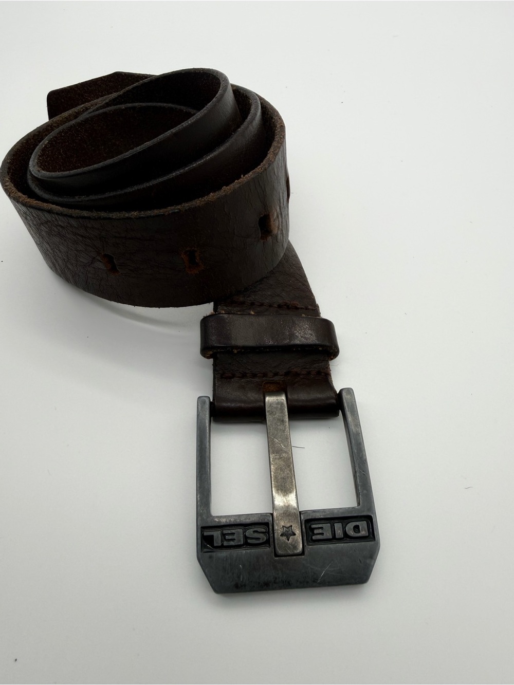 Diesel Men's Brown Leather Belt with Branded Metal Buckle